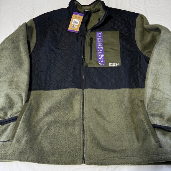 NWT Eddie Bauer Mixed Media Fleece Jacket Mens 2XL Green Black Full Zip Pockets - Picture 2 of 7